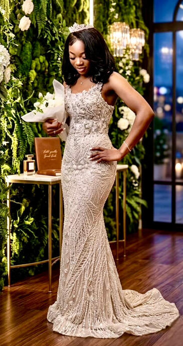 Birthday Glamour-A custom gown adorned with hand stitched rhinestones, designed to celebrate a special birthday with elegance and sparkle.
