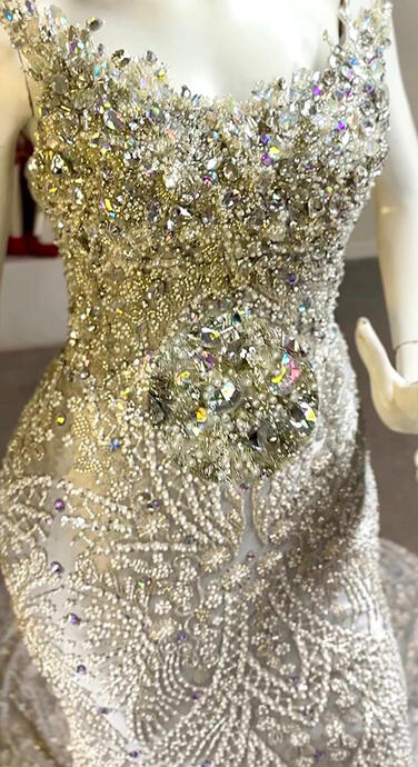 Rhinestone Adornment-A custom rhinestone embellished mermaid gown designed for a statement birthday look.